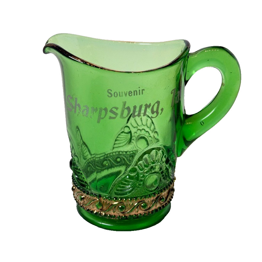 SHARPSBURG IOWA IA Antique GREEN Depression Glass Souvenir TRINKET CREAMER