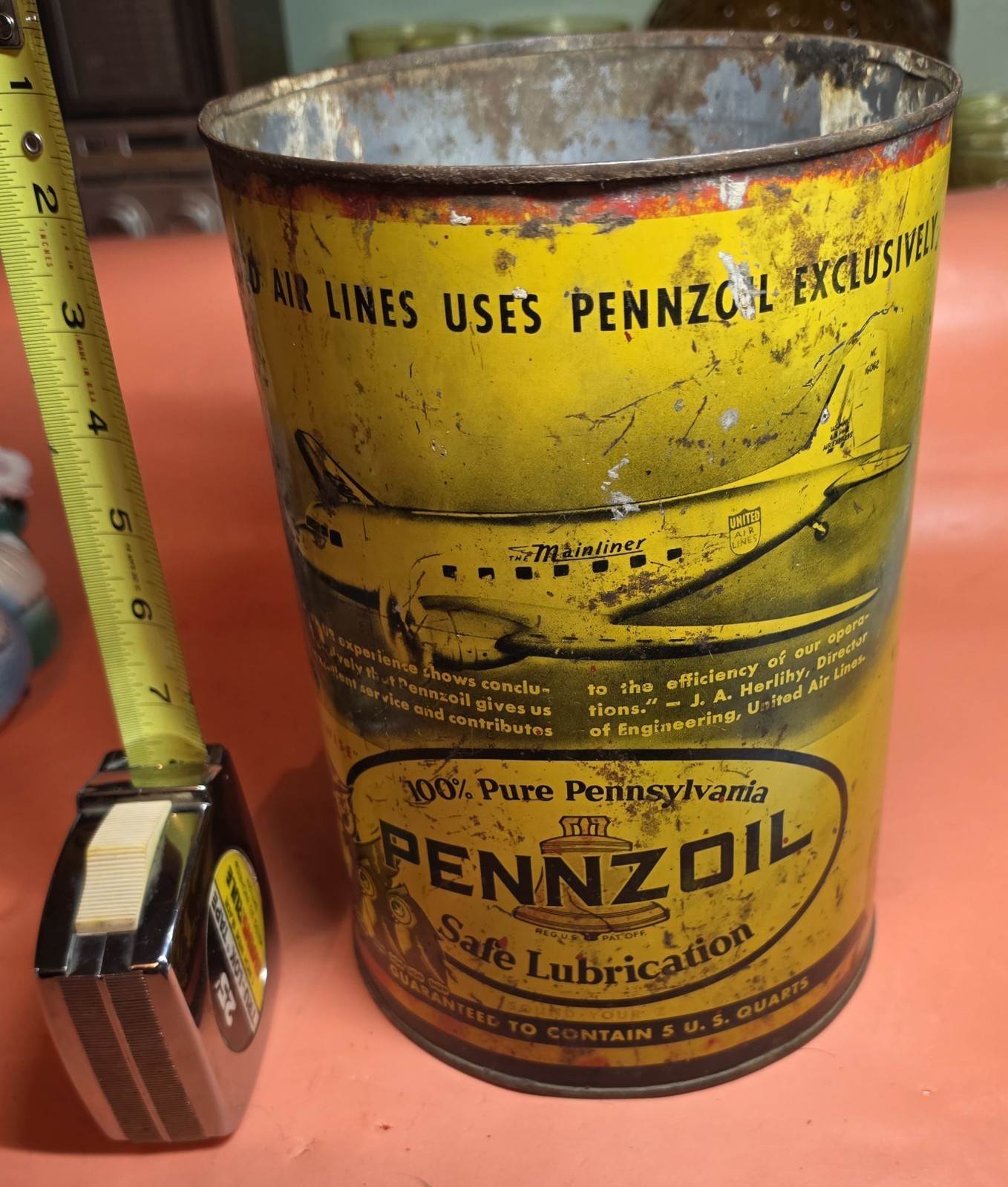 Vintage Pennzoil 5 Qt Oil Can With United Air Lines Plane And Owls On Can