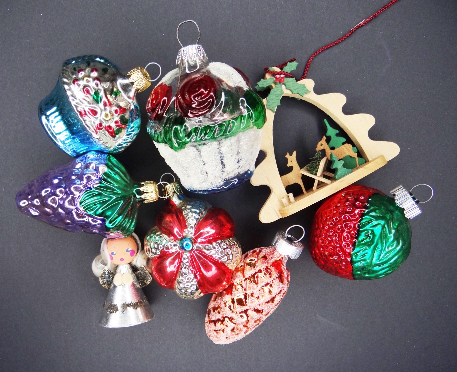 8 Vintage Mercury Glass/ wood Christmas Ornaments Mixed