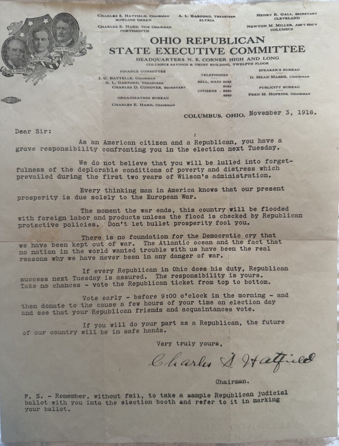 Charles Evans Hughes Coattail Flyer Hughes Willis Herrick 1916 Pres. Campaign