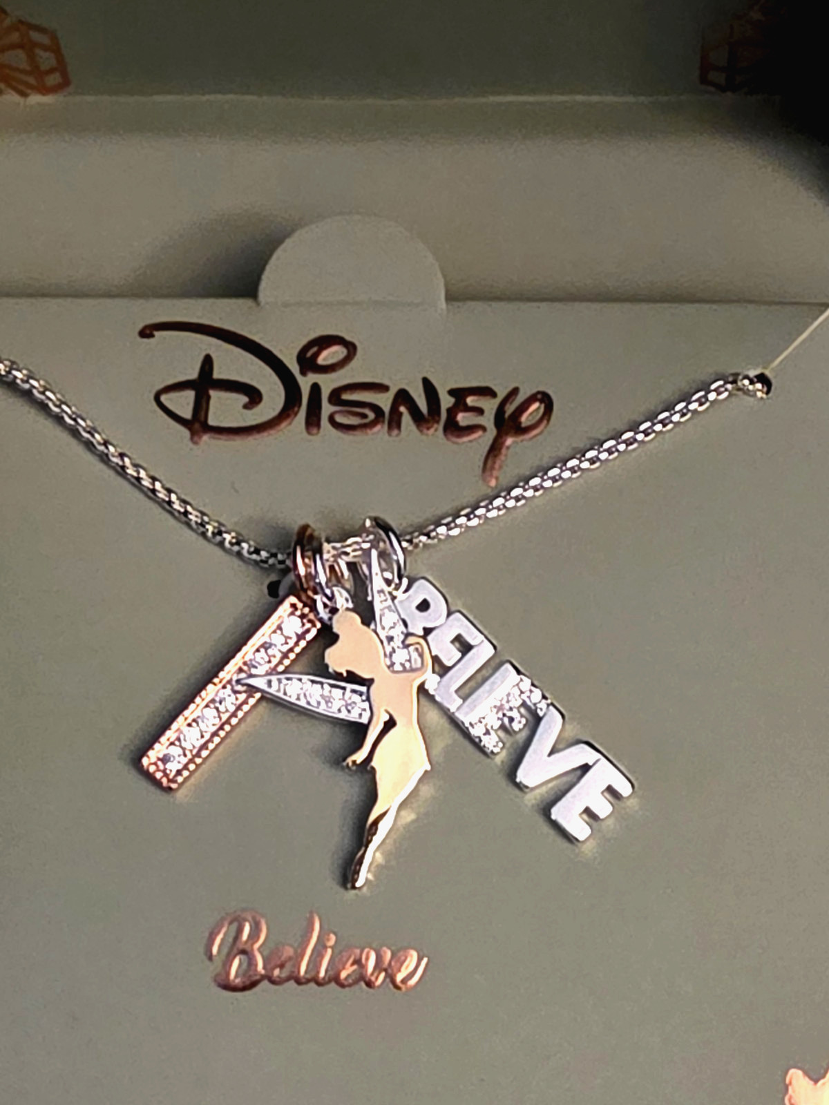 DISNEY TINKER BELL BELIEVE Fine Silver Plated Charm Necklace NEW
