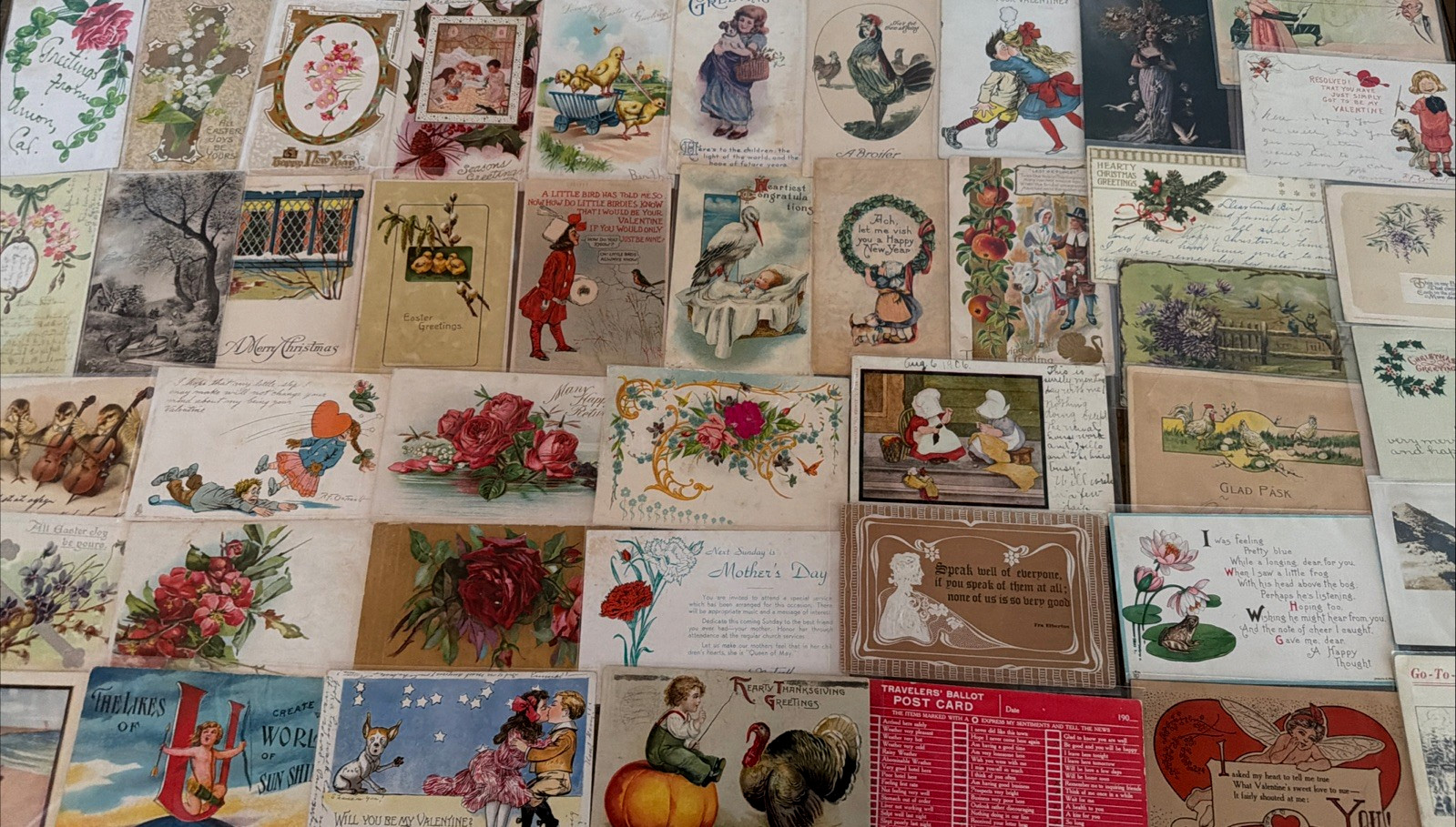 ~Lot of 43 Antique 1900's~Mixed Topics Greetings Postcards~All with stamps-s674