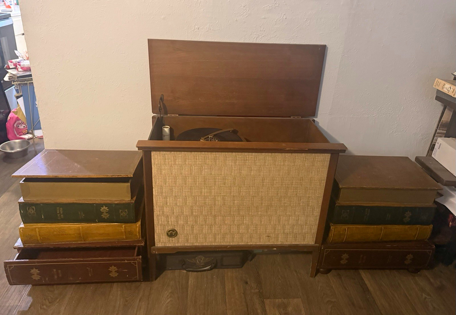 Vintage Faux Stacked Book Tables Hidden Storage Drawers Nightstands Pair