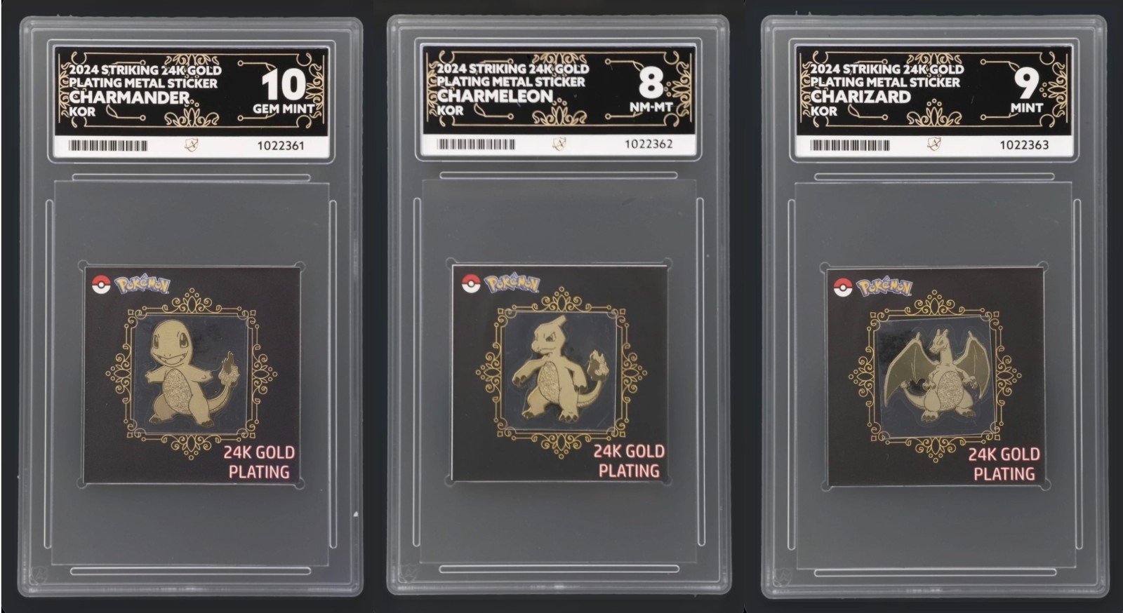 Pokémon Korean 24K Gold PlatedSticker Charmander Charmeleon Charizard ACE 8/9/10