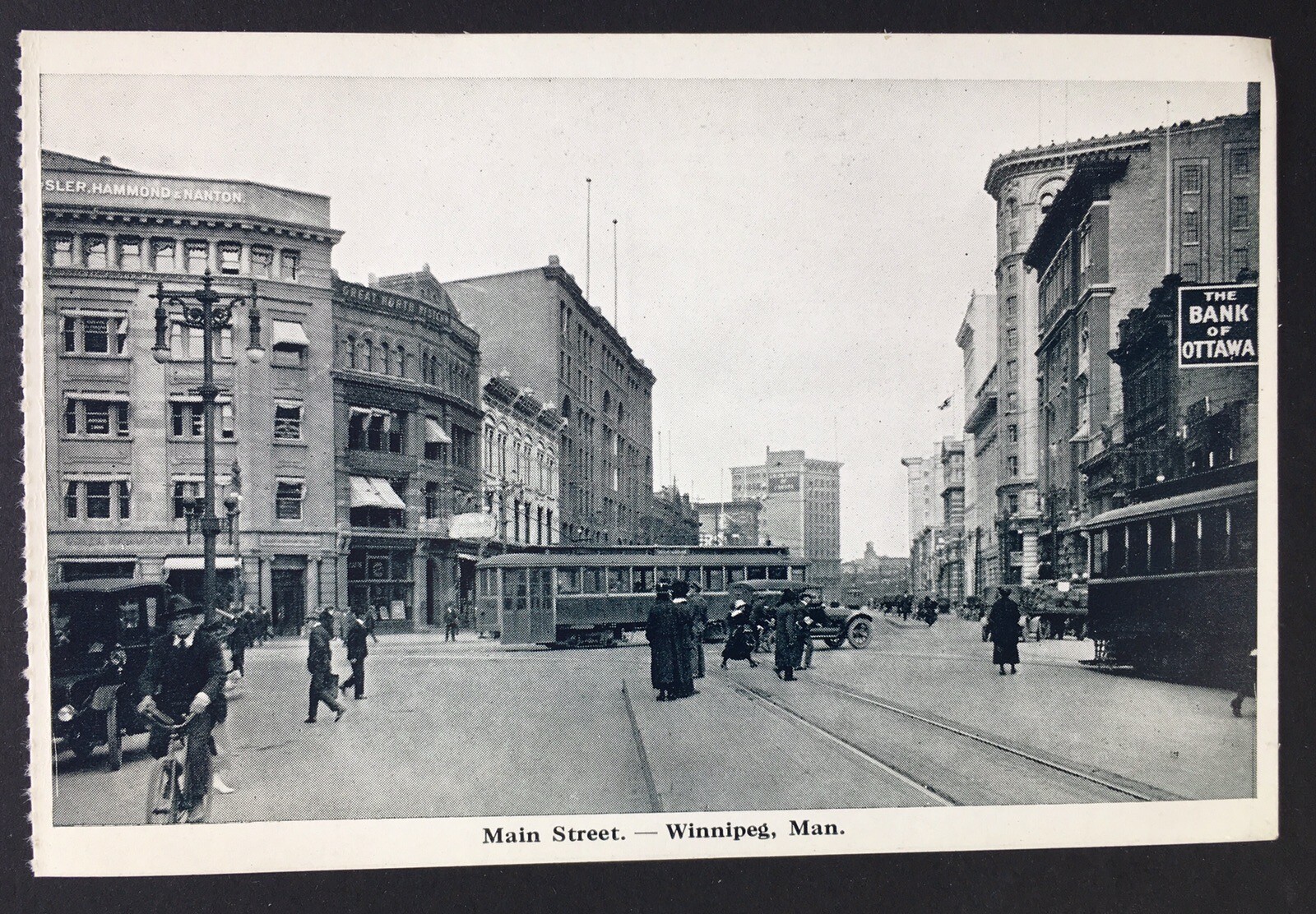 Vintage PC Winnipeg, Manitoba Canada Main Street B&W People Streetcar Cars