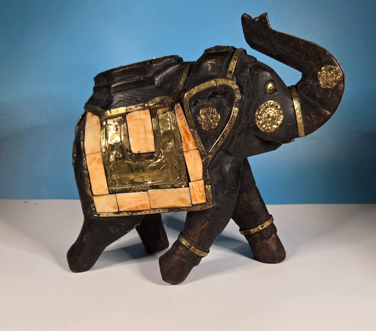 VTG India Elephant Carved Wood w/Stone Inlay and Brass Accents