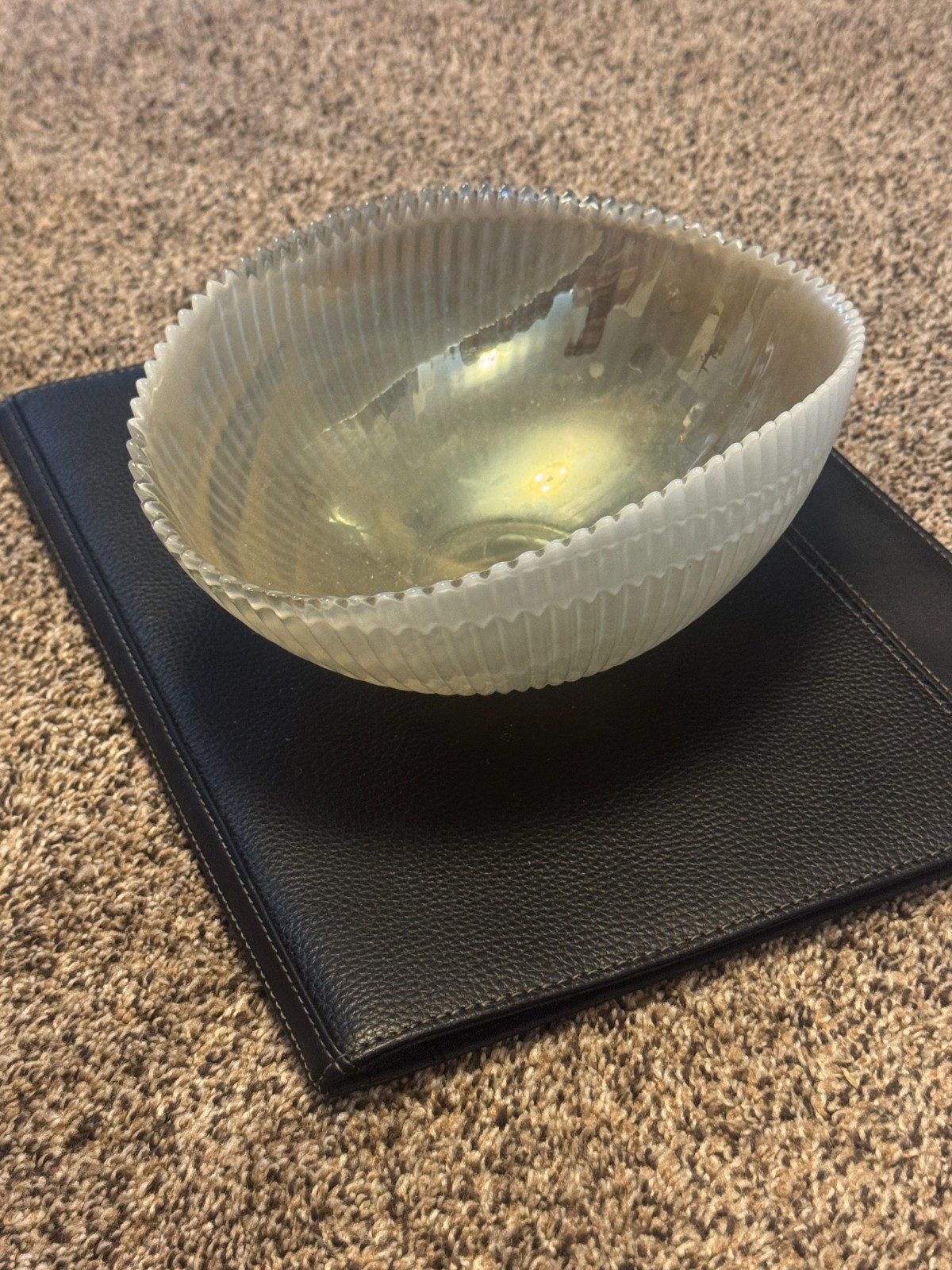 Antique EAPG Model Flint Ribbed Spiral White Opalescent Crimped Bowl 8.5\