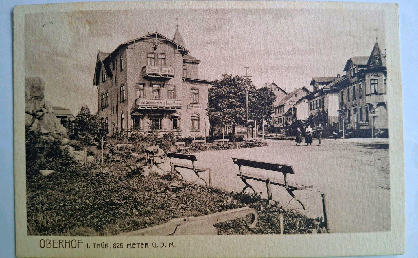 Oberhof i. Thuringia, street view, Hotel Schweizerhaus 1908, restaurant, pastry shop