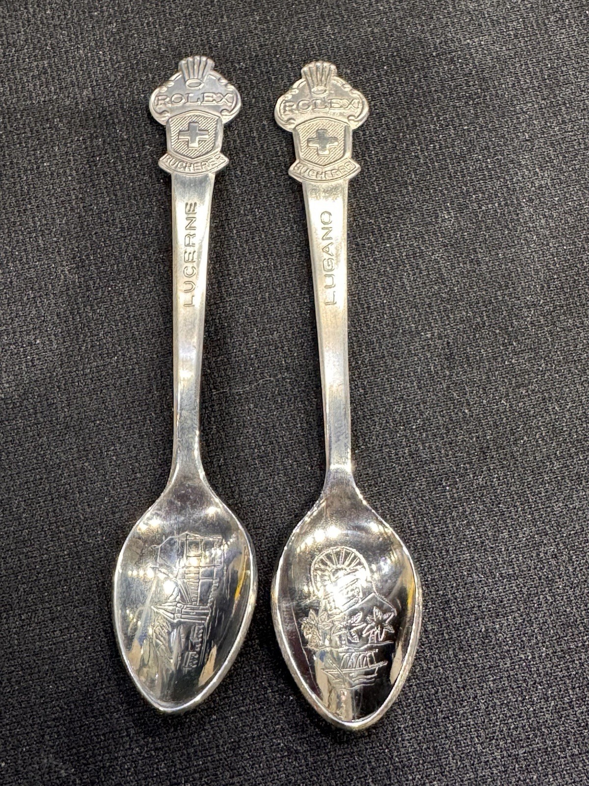 2 Rolex Lucerne & Lugano Bucherer of Switzerland CB Vintage Collectable Spoons