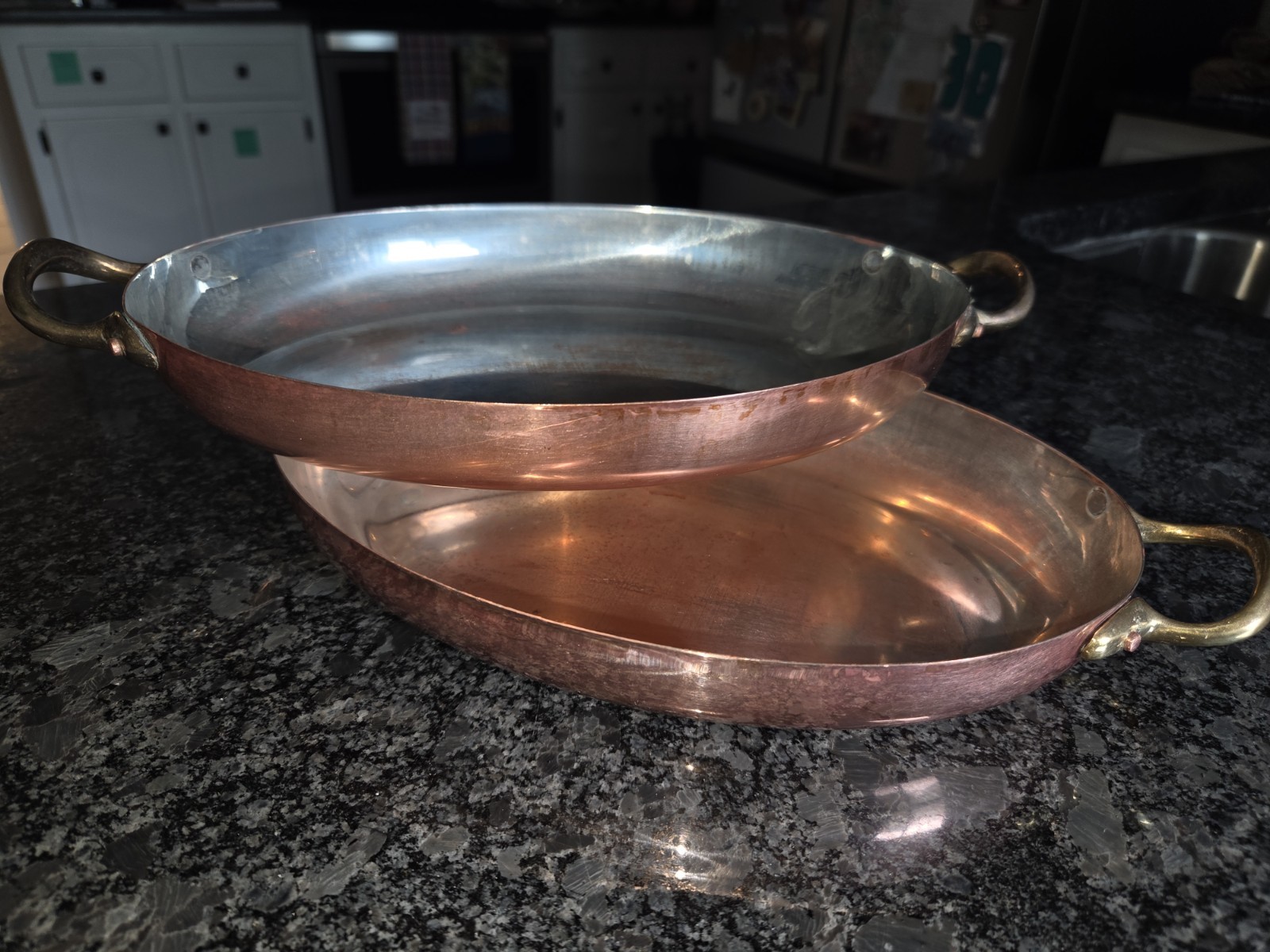 Vintage Made in Portugal Two Oval Copper Gratin Pan Tin Lined Brass Handles 10\