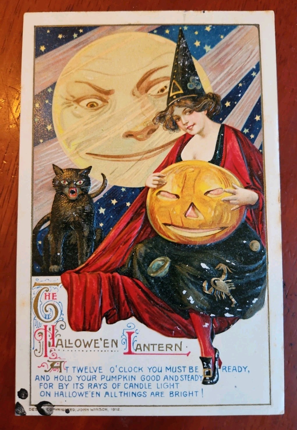 Antique Halloween Postcard J. Winsch S. Schmucker Lady Witch Moon, Cat, JOL 1912