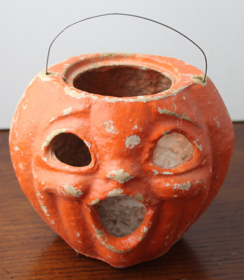 Antique Paper Mache Halloween Jack-O-Lantern One Sided 6.5x5.5x5
