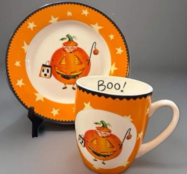 TRICK-OR-TREAT WARE PUMPKIN Plate & Mug Set Lori C. Mitchell Halloween 2006