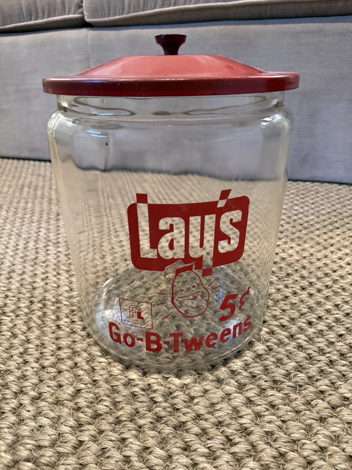 Vintage Lay’s Go-B-Tweens 5¢ Glass Store Display Jar Red Metal Lid Advertising