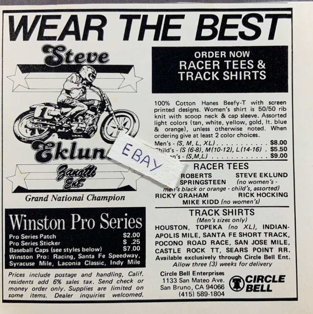 1980 Print Ad. Circle Bell Enterprises. Racer T's. Steve Eklund. Grand National
