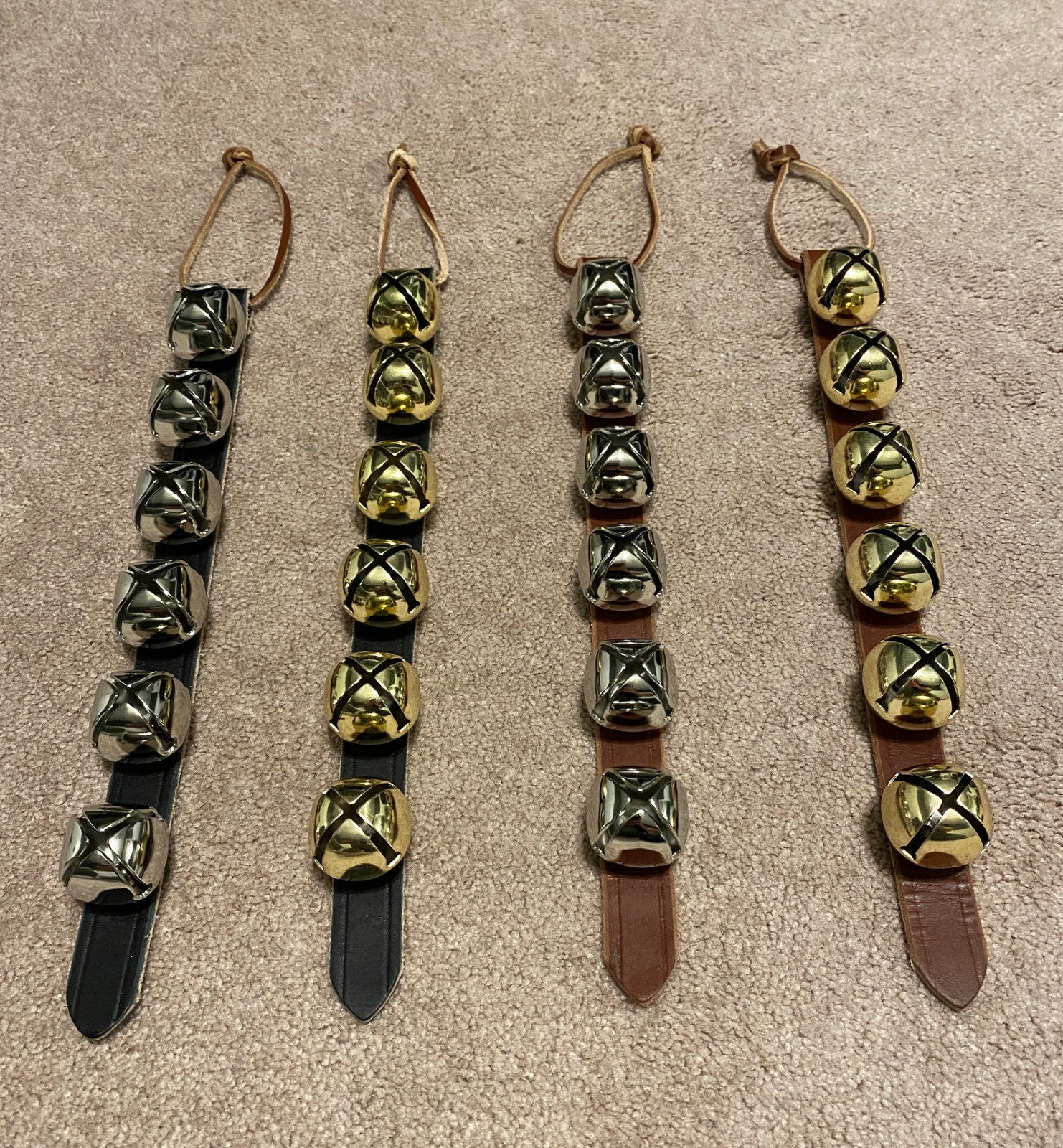 SLEIGH BELLS LEATHER Christmas Hanging Leather Brown 6 Bell Leather Strap Jingle