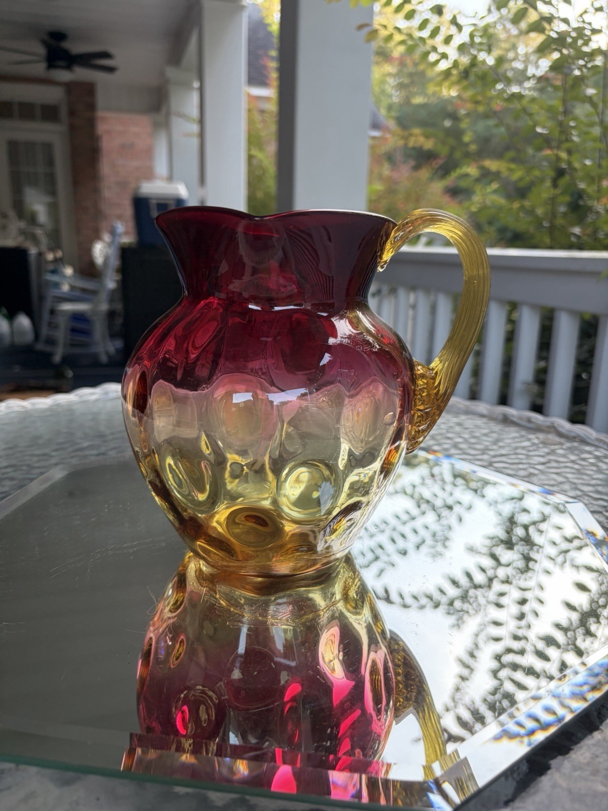 Antique Amberina Glass Pitcher with Coin Dot Design & Applied Amber Glass Handle