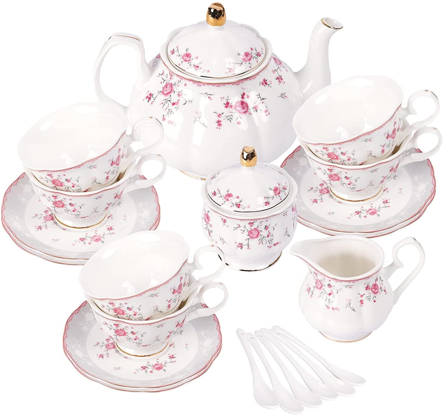 Vintage Pink Porcelain Tea Set for 6, Cup and Saucer Set, Tea Party Set for