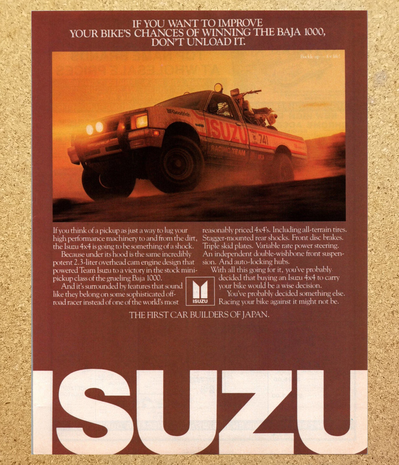 Isuzu 4x4 Mini Pickup Truck Offroad Baja 1000 - Vtg Print Ad Ephemera Art 1985