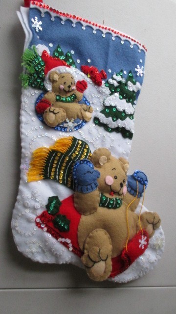 Christmas Stocking felt Hand stitched Sledding Bears finished