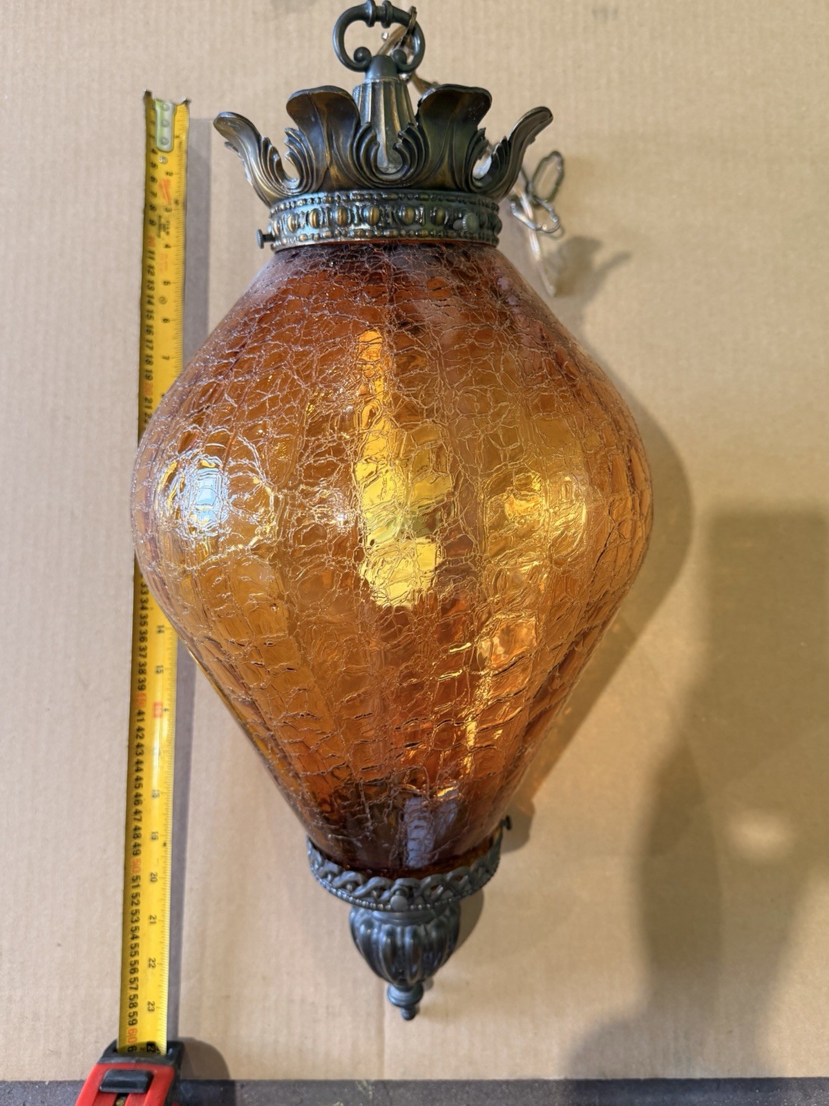Vintage Large MCM amber Glass Hanging Swag Lamp w/diffuser 1960-70s 24” (60cm)
