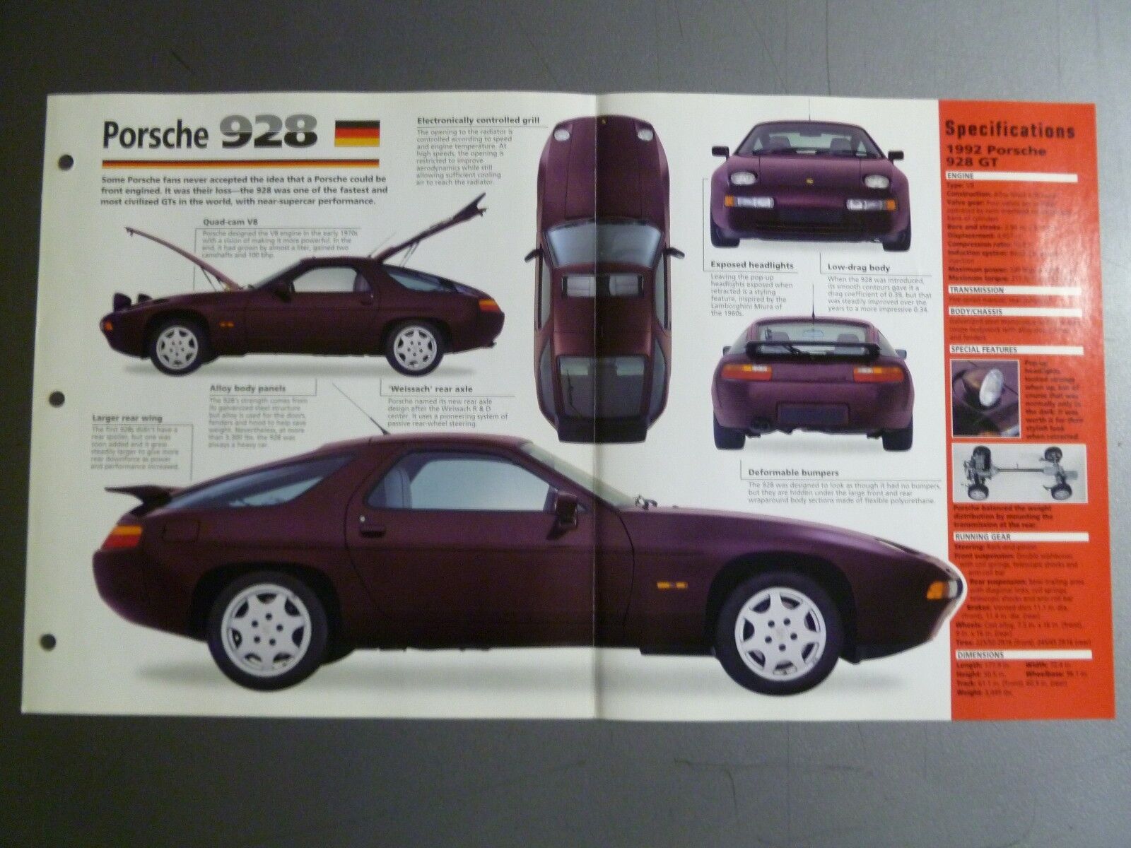 1977 - 1995 Porsche 928 Coupe Print, Spec Sheet, Folder, Brochure - RARE L@@K