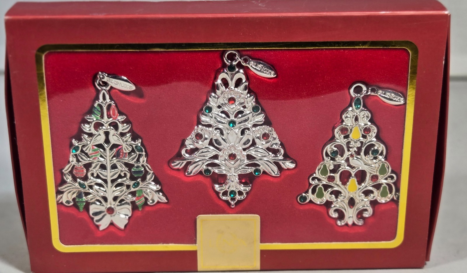 LENOX HOLIDAY JEWELS SET OF 3 TREE ORNAMENTS ORIG BOX 2006 SILVER GLASS STONES