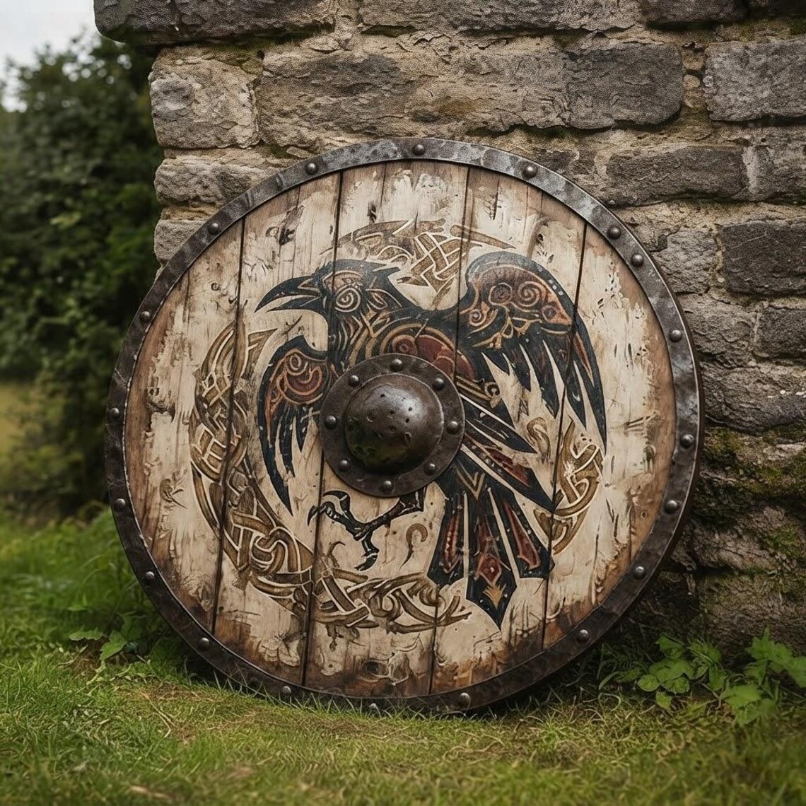 Handmade Viking Shield – Norse Raven Wall Decor, Solid Wood Medieval Round Shiel