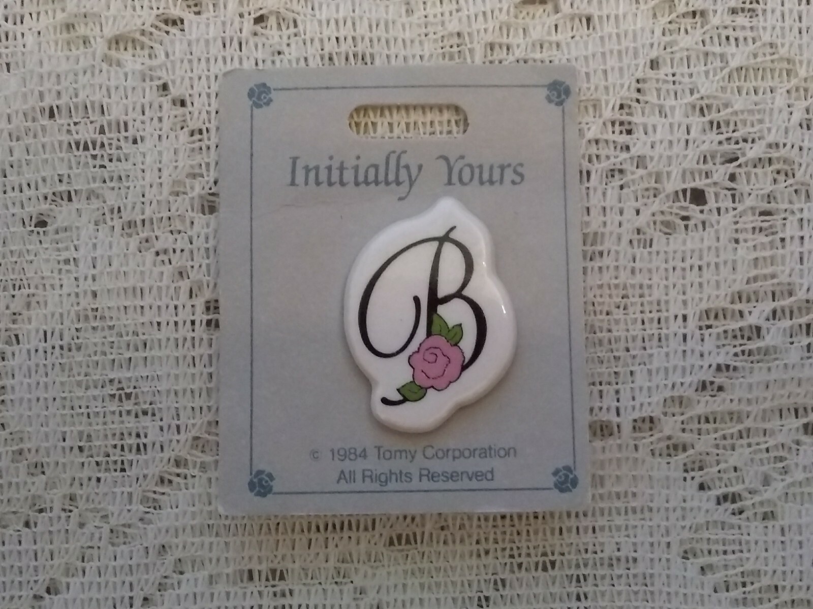 Letter B with Pink Rose, Vintage Initial Brooch Pin, 1980s Ceramic