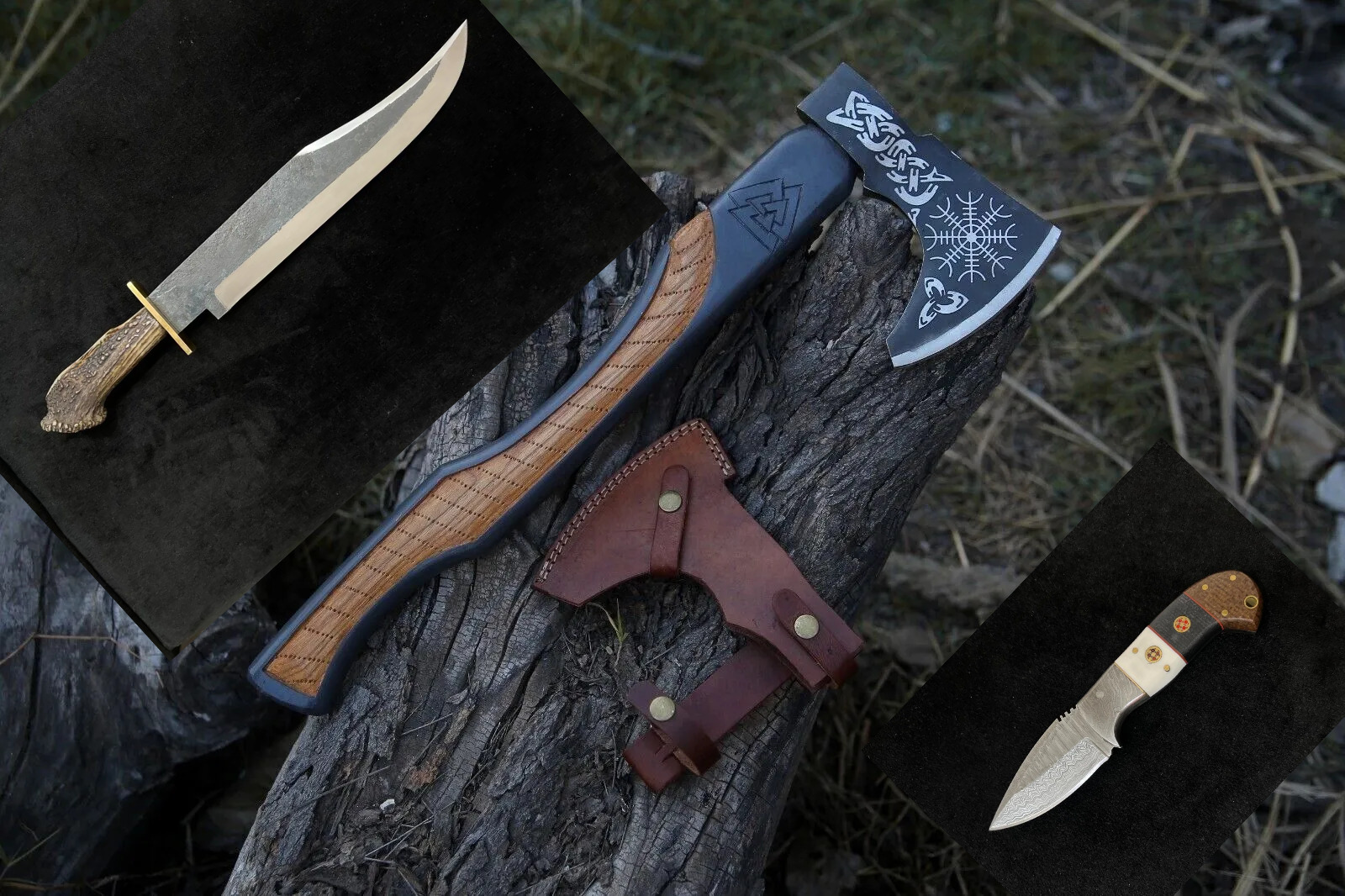3pcs Handmade Viking Axe, Bowie Knife & Skinner Knife For Hunting & Camping