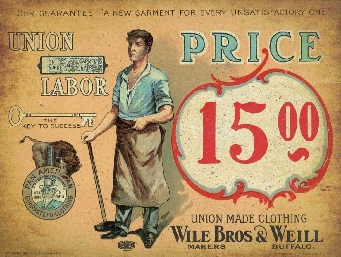 UNION MADE CLOTHING WILE BROS & WEILL HEAVY DUTY USA MADE METAL ADVERTISING SIGN