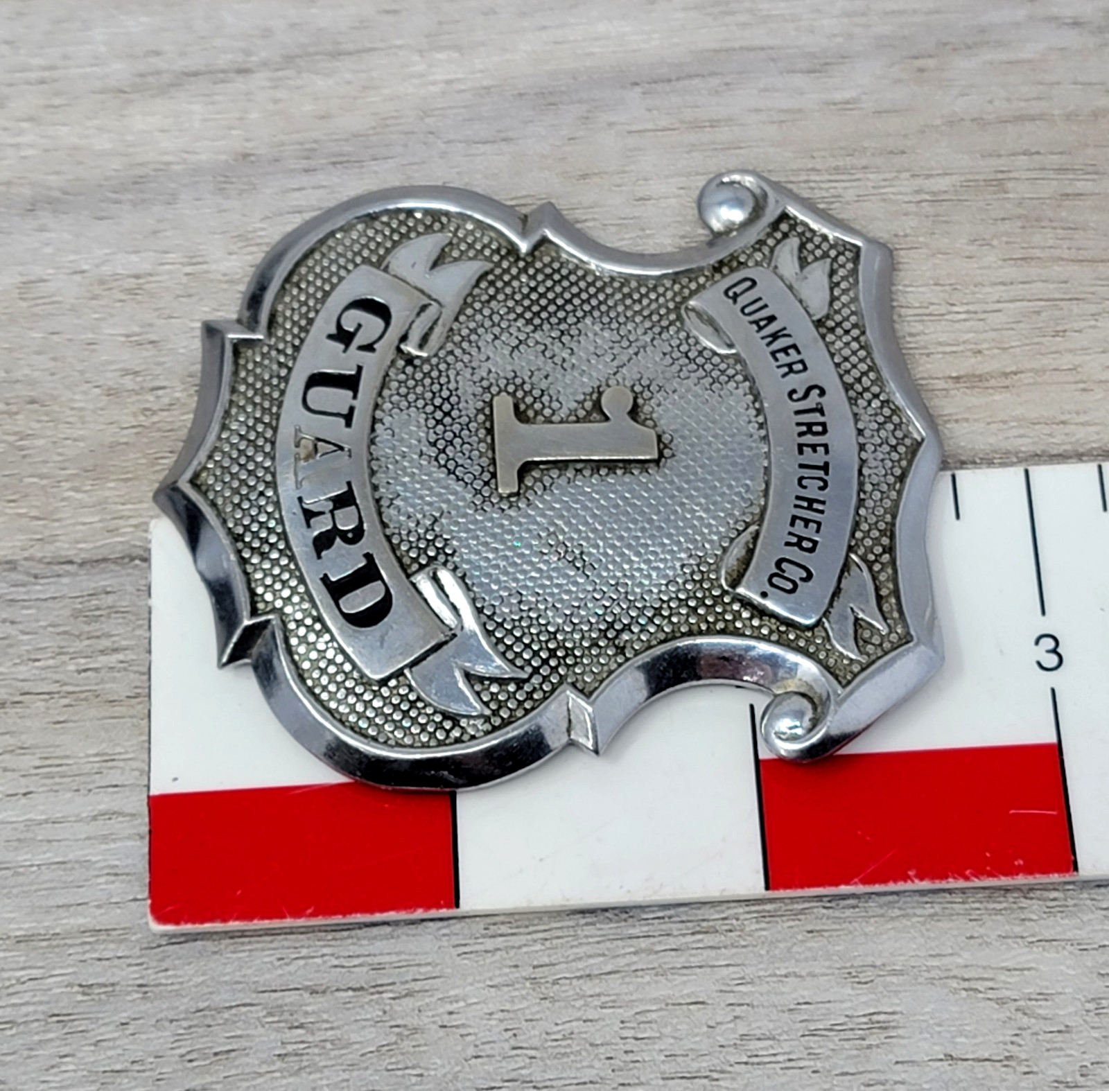 Vintage Quaker Stretcher Co Kenosha WI Security Guard Badge Pin AMC Factory