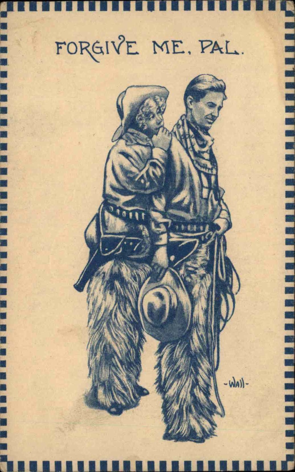 A/s BERNHARDT WALL Cowboy and Cowgirl w Gun Romance Antique Postcard
