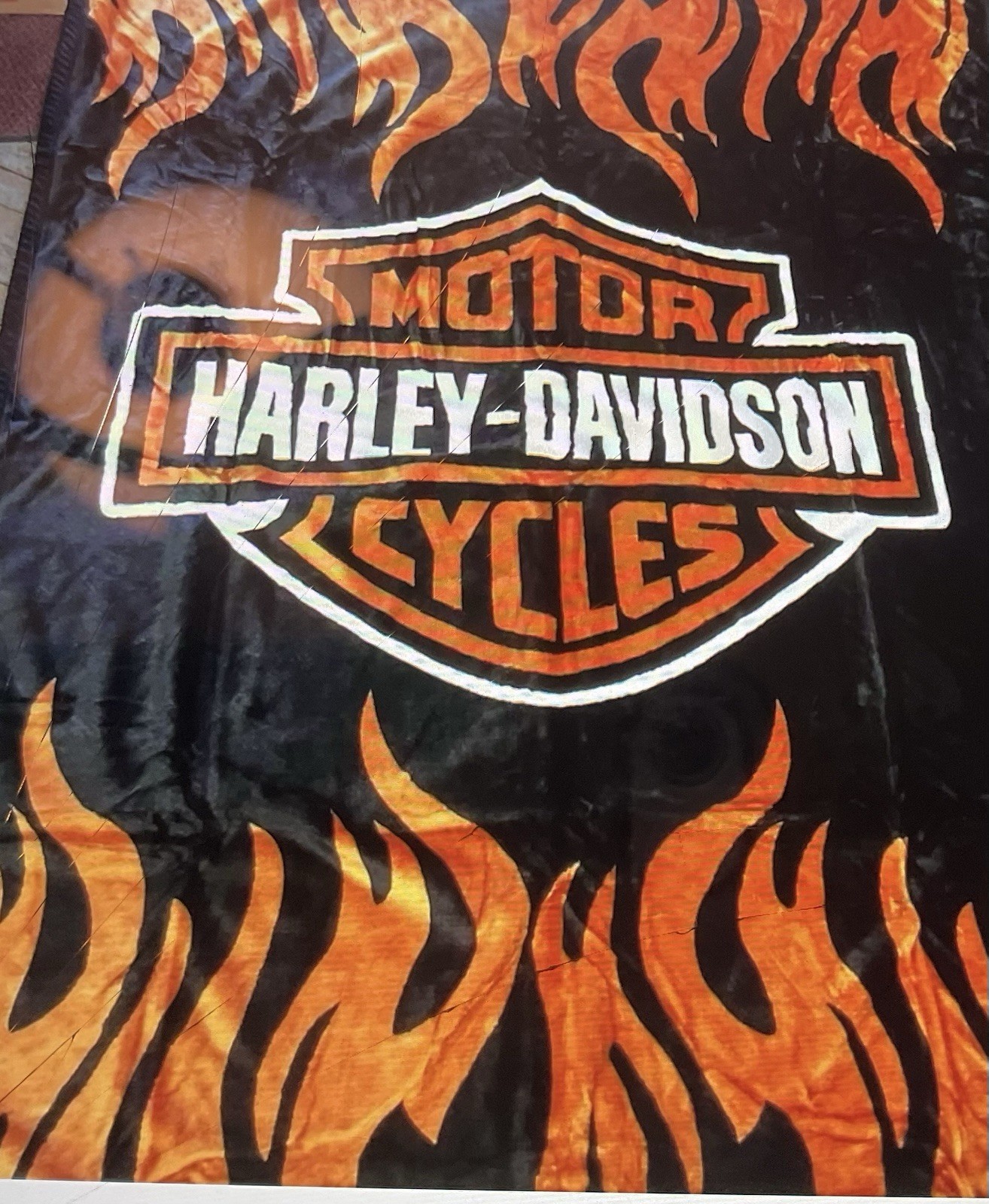NWT Harley Davidson 2-ply Mink  Blanket Black & Orange Flames Queen Size 90 x 90