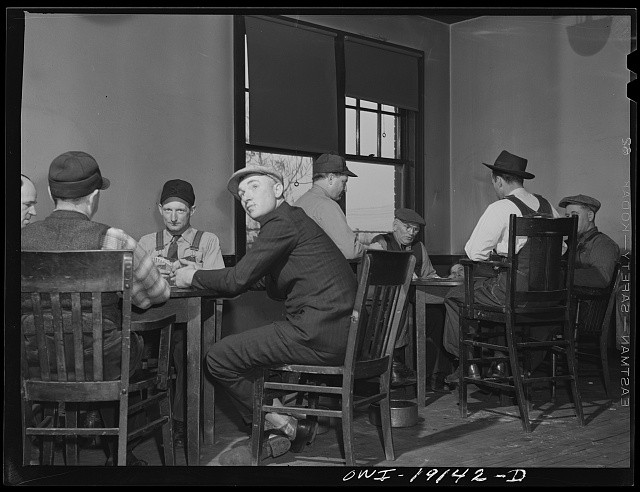 Fort Madison Iowa 1943 Santa Fe Railroad Men Playing Cards Reading Room
