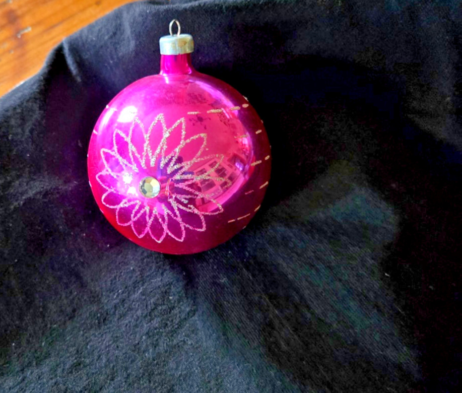 Vintage Austria Pink Silver W Glitter Glass Christmas Ornament
