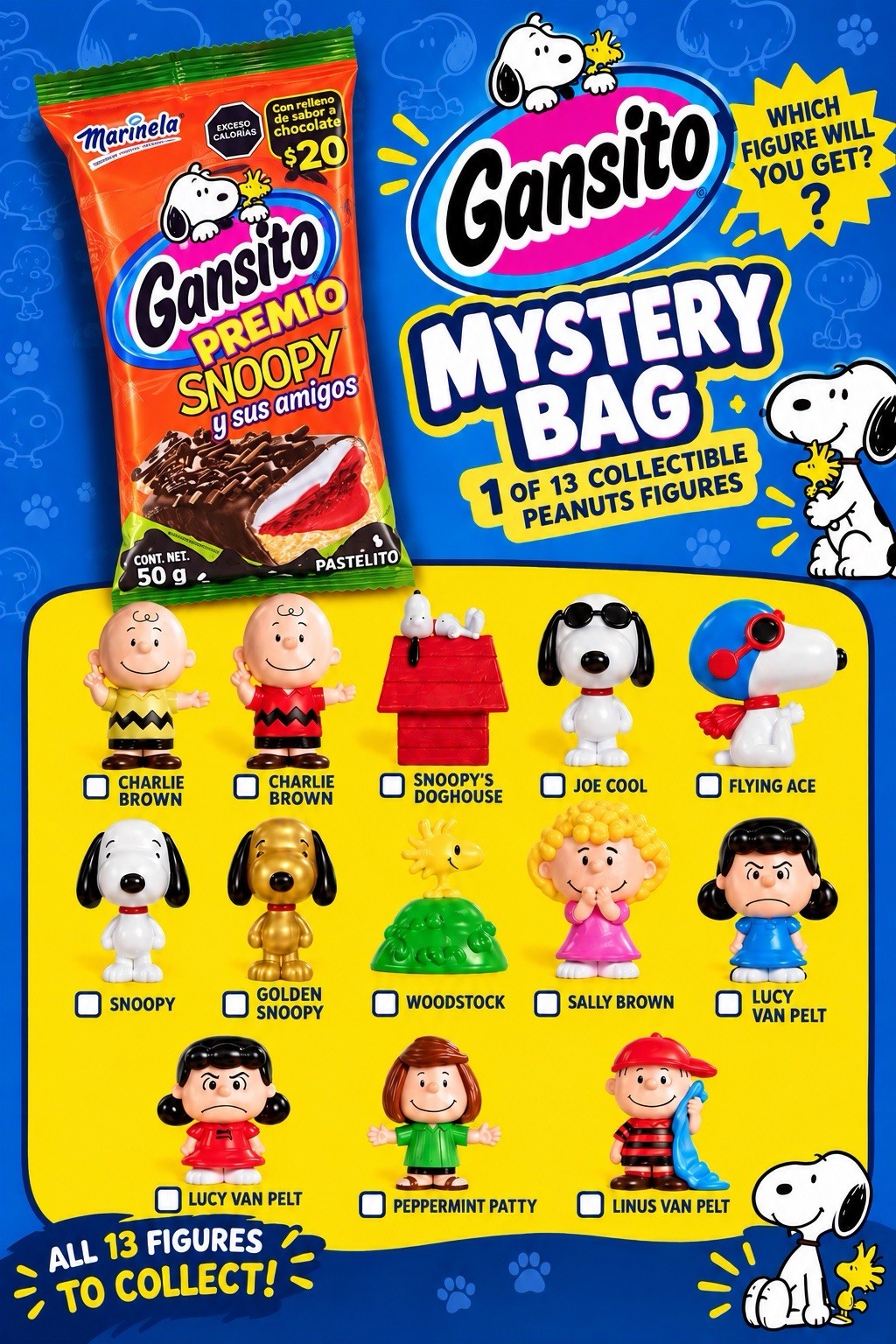 Snoopy Peanuts Mystery Bag – Gansi Premio Collectible Figure WITH Gansito