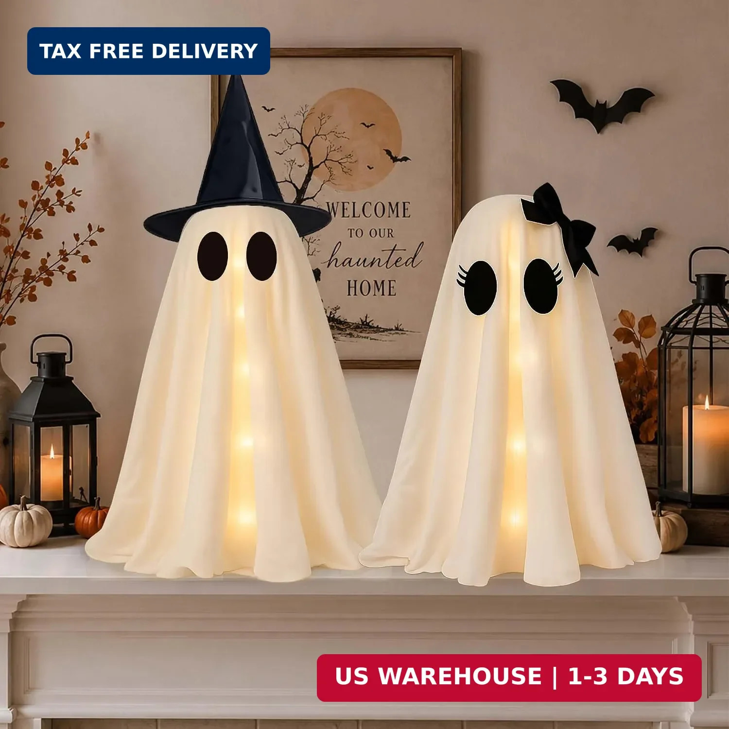 2 Pack 24 Inch Halloween Ghost Decorations, Light Up Ghosts with Witch Hats, DIY