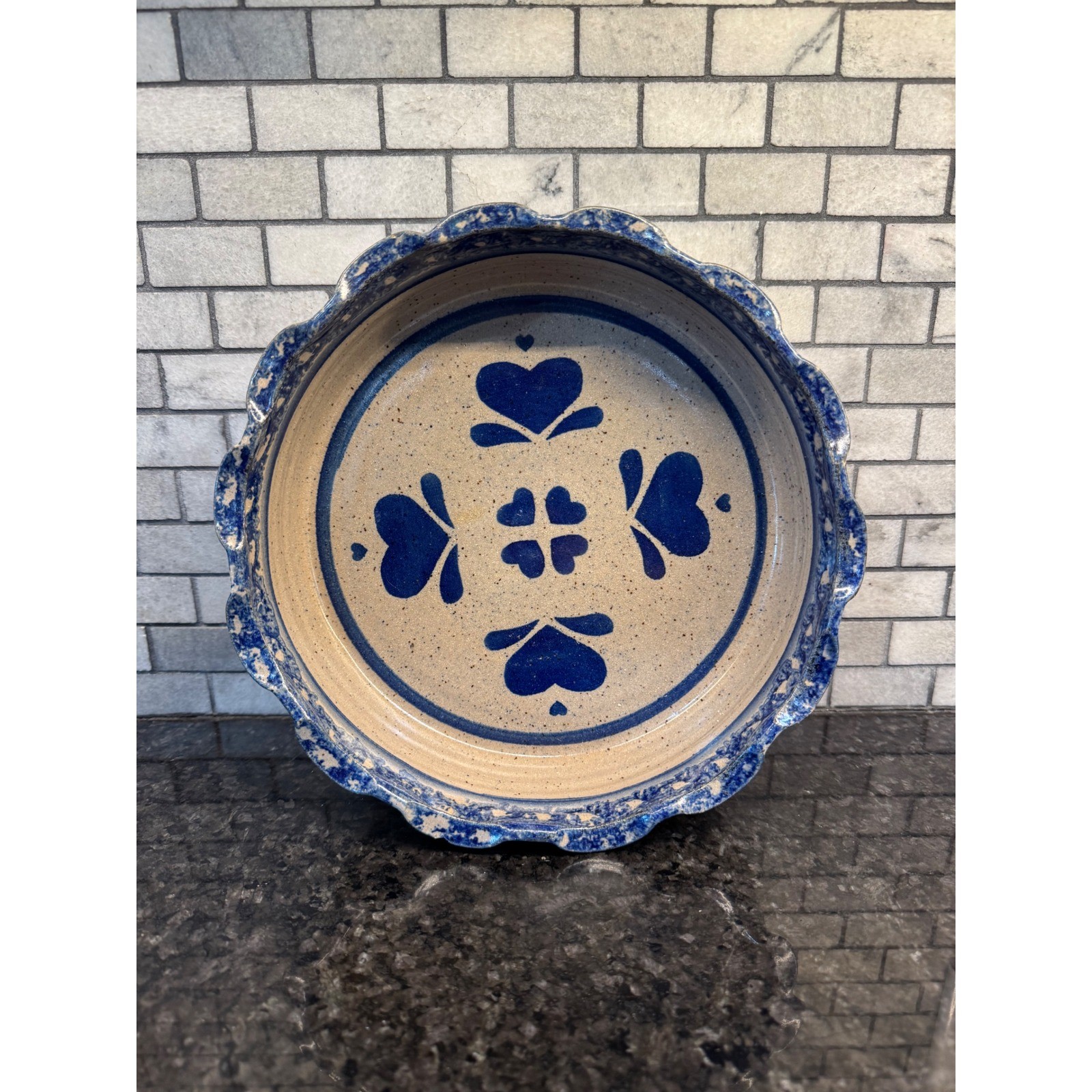 Vintage 1994 Pearl Signed Blue Heart Stoneware Scalloped Pie Dish Folk Art 9.5