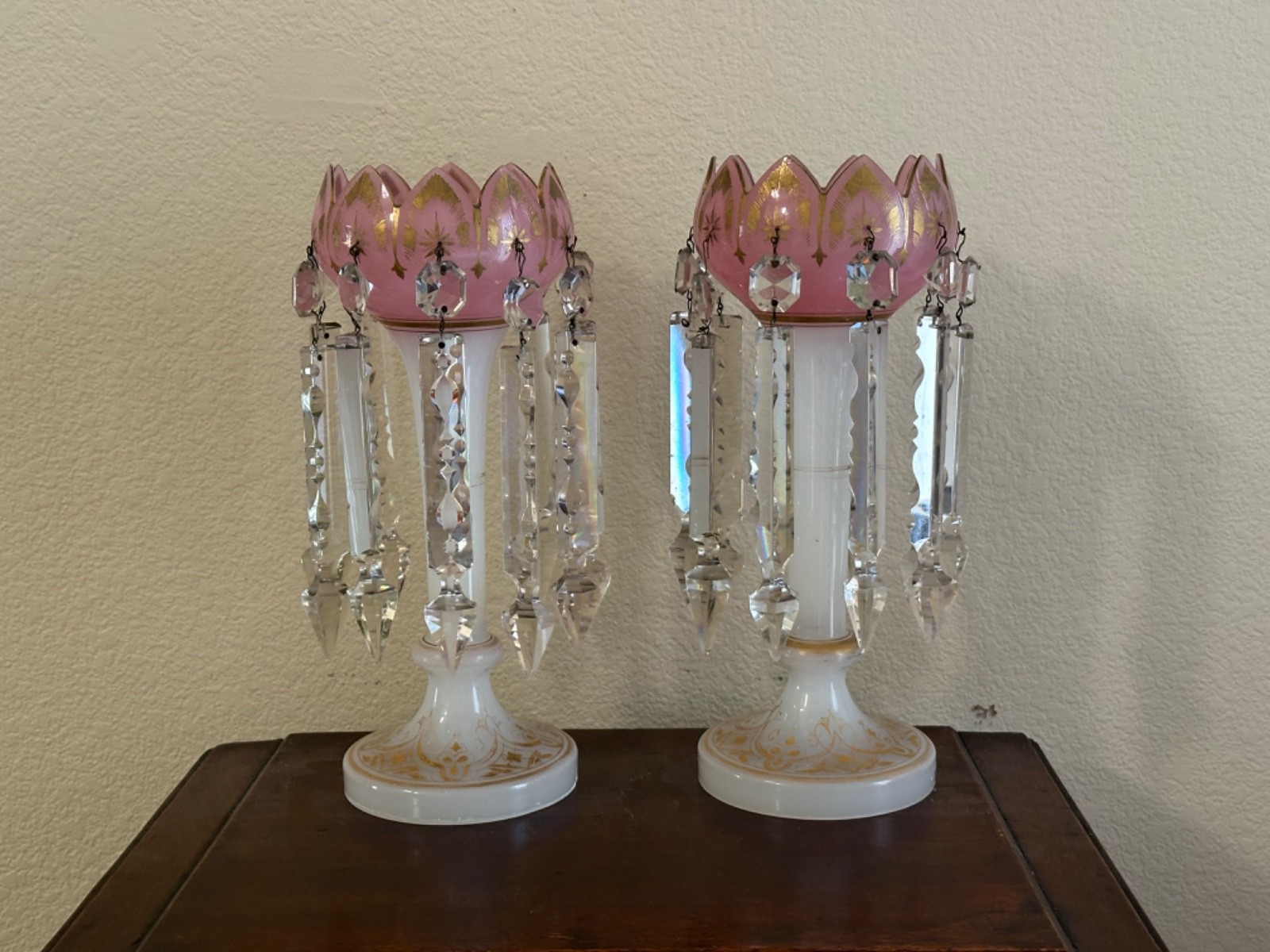 Antique Victorian Pink Opaline Glass Painted Gold Mantle Luster, Prisms, 12.5\