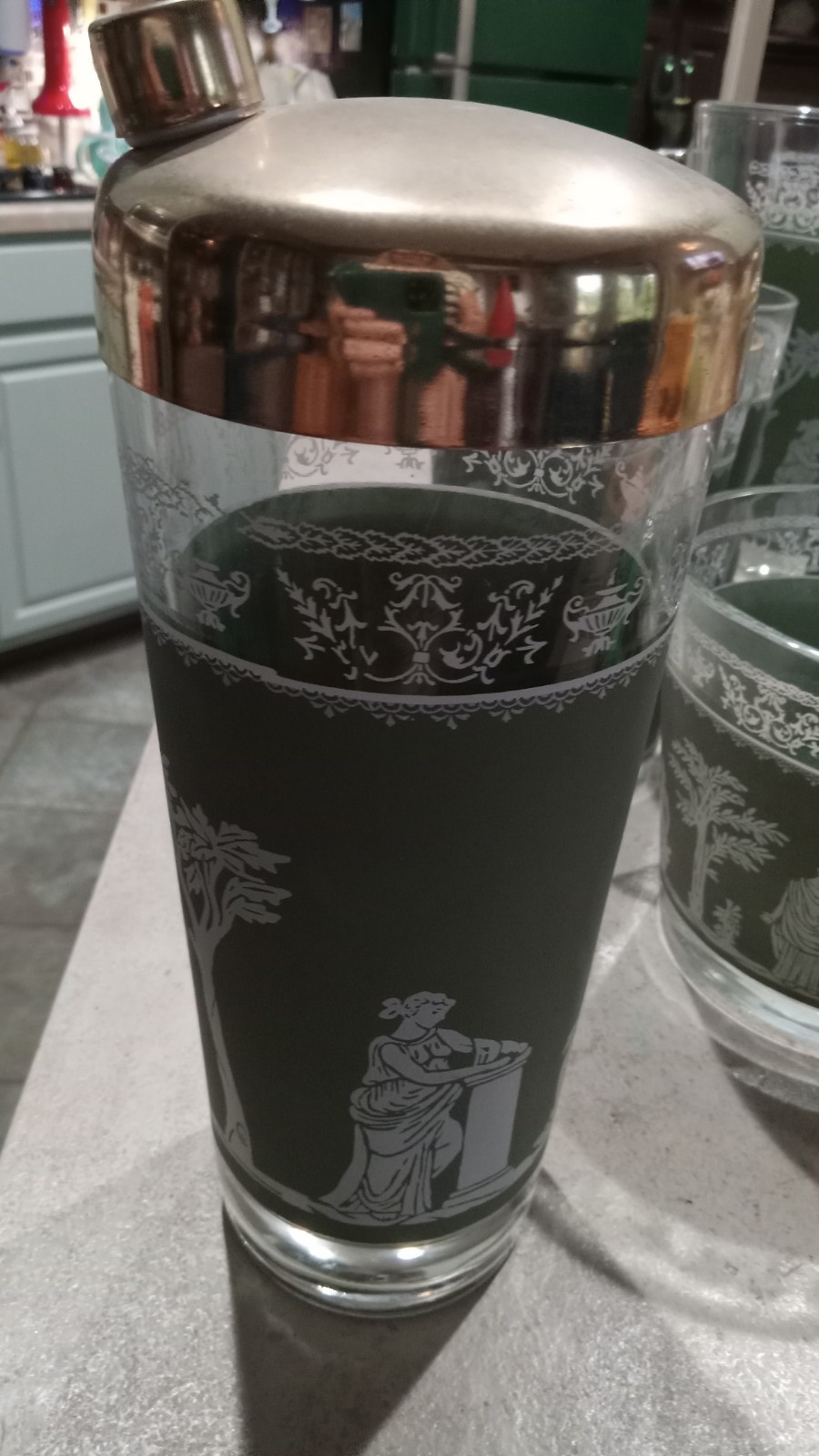 Vtg Jeannette Glass Hellenic Green Cocktail Shaker Gold Lid Grecian MCM Barware 