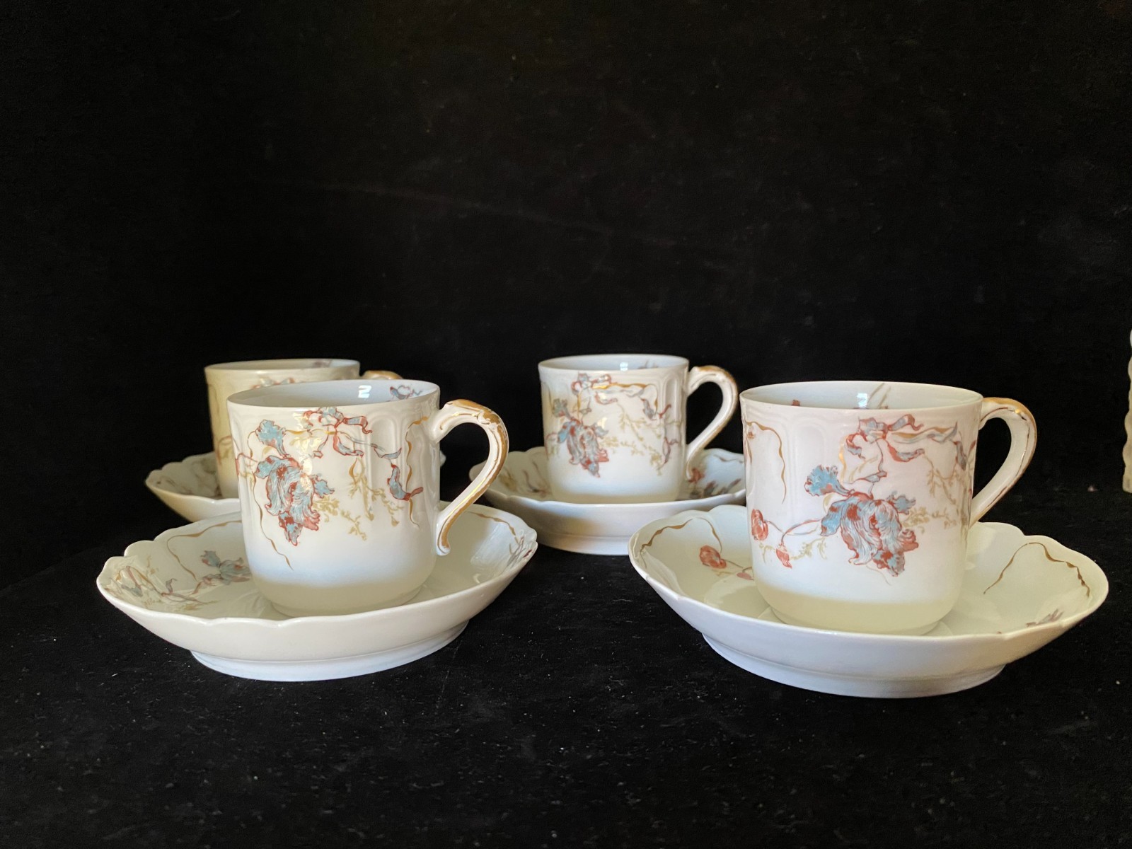 S/4 Antique Limoges Haviland Demitasse Cup & Saucer Sets Floral Gold Trim
