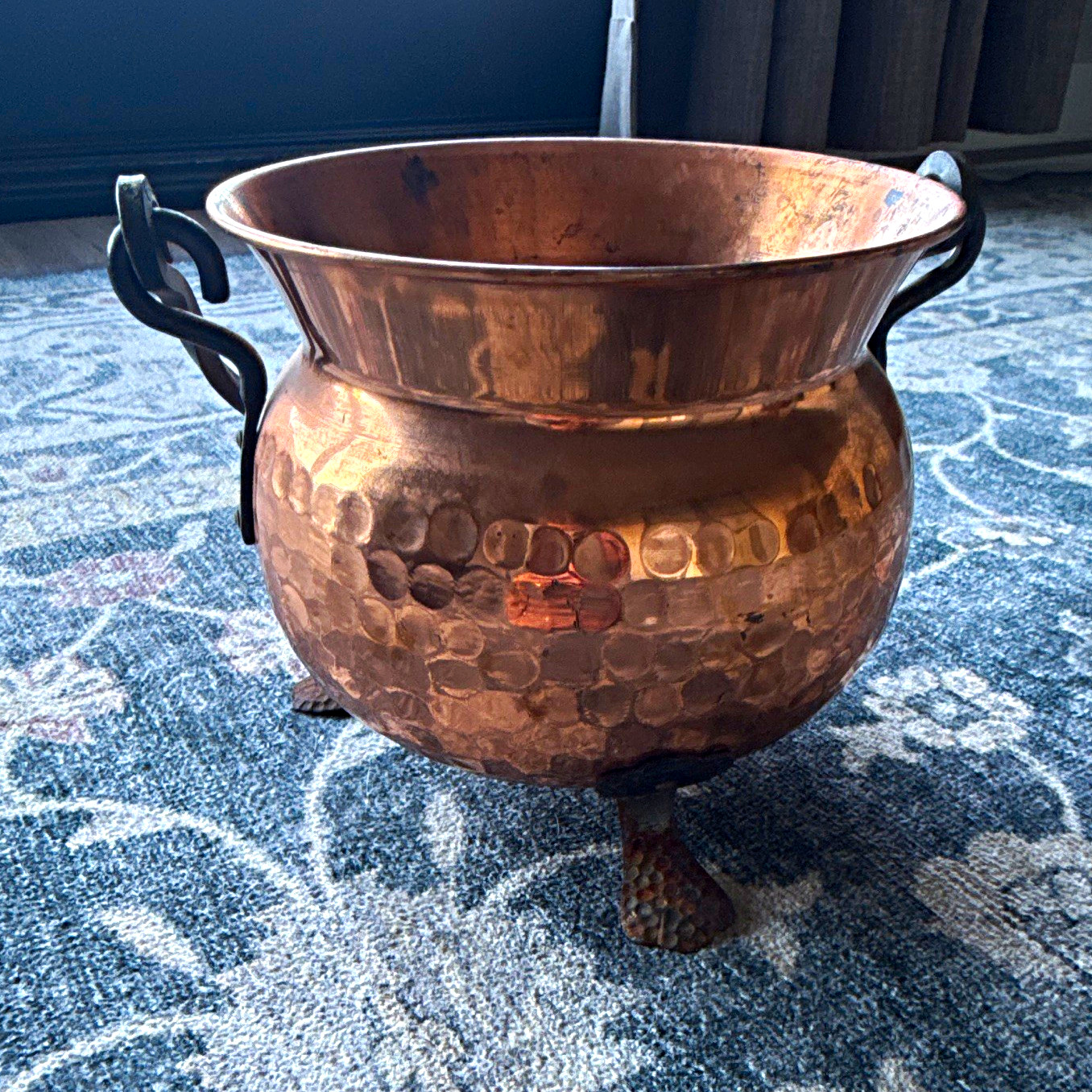 Vintage Hammered Copper Cauldron Pot w/ Black Iron Handles, Tripod Feet