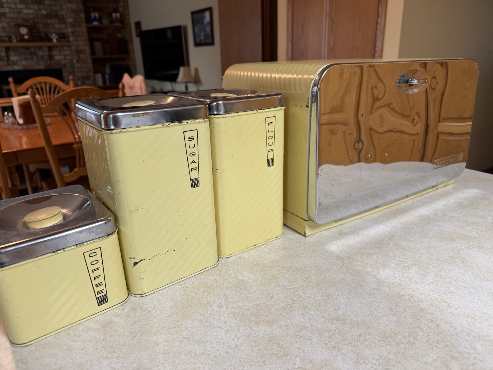 Vintage Mid Century Yellow Chrome Lincoln Beautyware Bread Box Canister Set