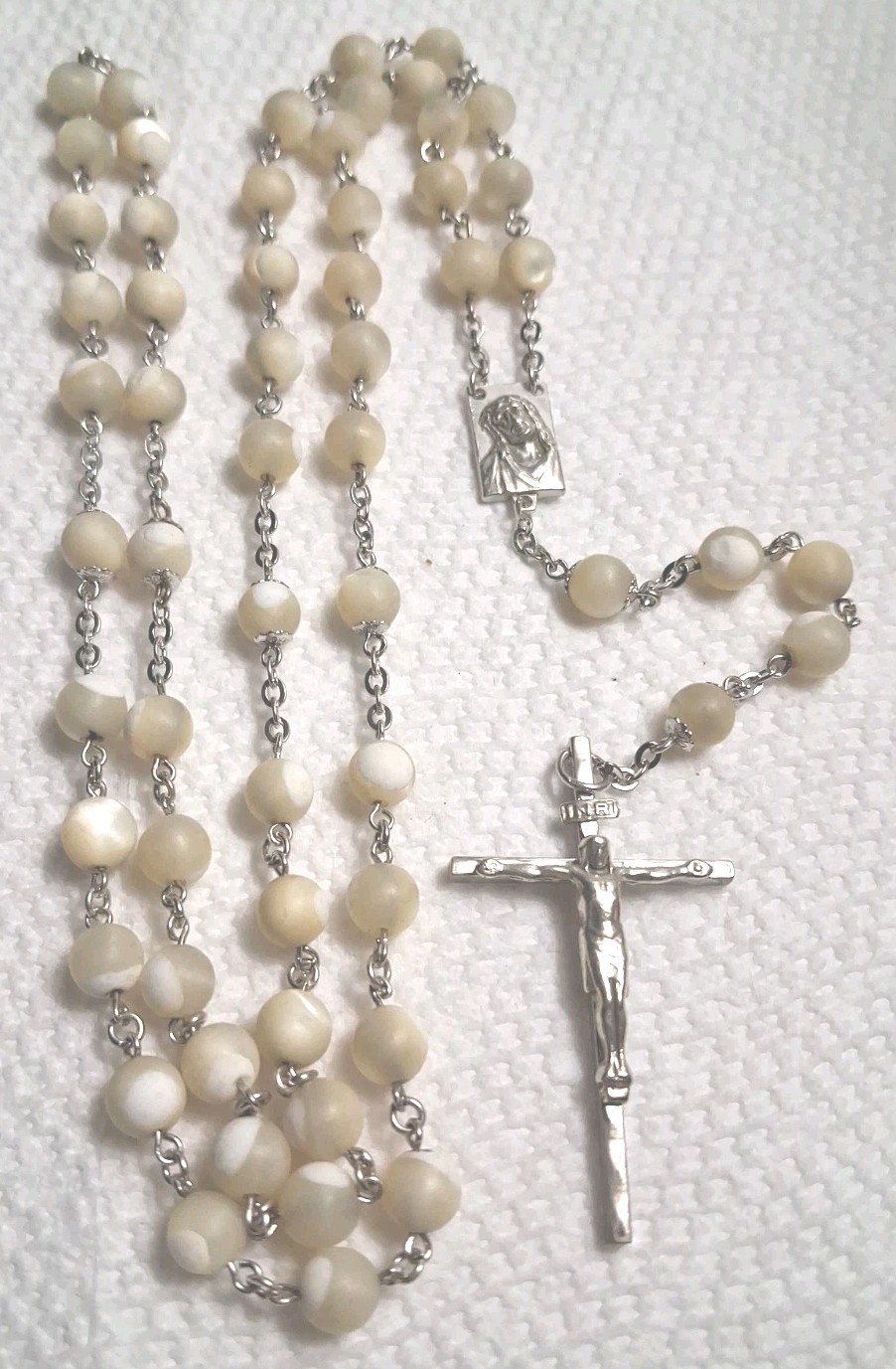 Vintage Sterling Silver MOP Mother Of Pearl Rosary Jesus Crown Of Thorns