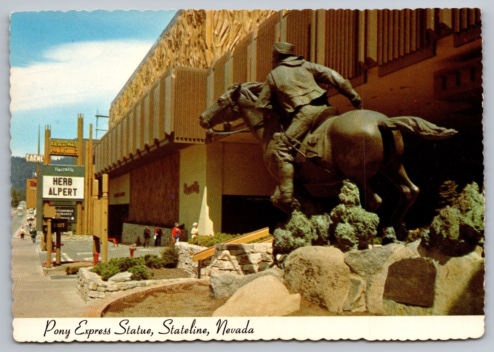 Stateline Lake Tahoe NV~Pony Express Statue~Harrah\'s Herb Alpert c1960s Postcard