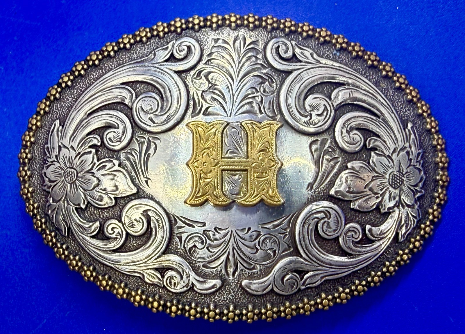 Initial Block Letter H Swirl Ornate Berry Outlined Nocona Belt Buckle