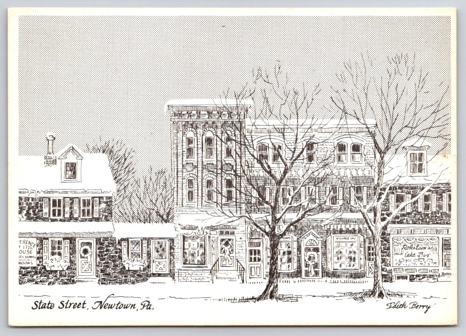 Newtown PA State Street Winter Edith Barry Art Postcard Mr. Forms Corp.
