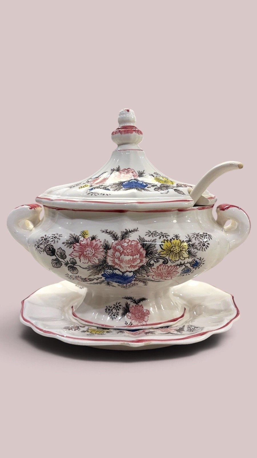 Mid Century Porcelain Floral Soup Tureen Set 4 Piece Ladle Underplate Vintage
