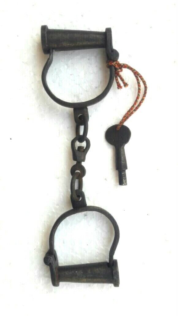 Old Vintage Antique Handcrafted Fine Iron Lock & Key Handcuffs